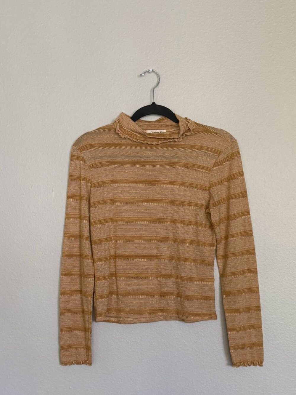 Ginger G Striped Lettuce Trim Turtleneck Rib Knit Long Sleeve Top Medium